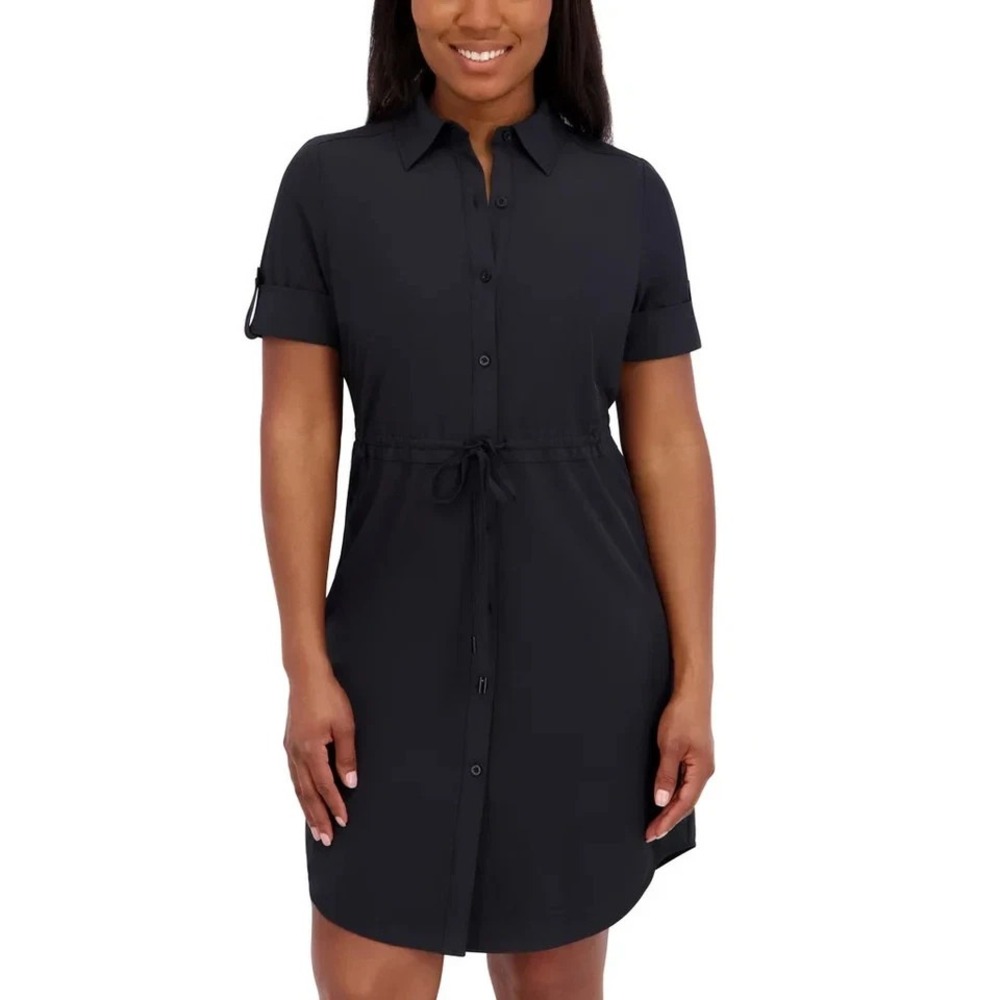 Halston Heritage Short Sleeve Button Down Shirt Dress Women, Black, Size L, New
